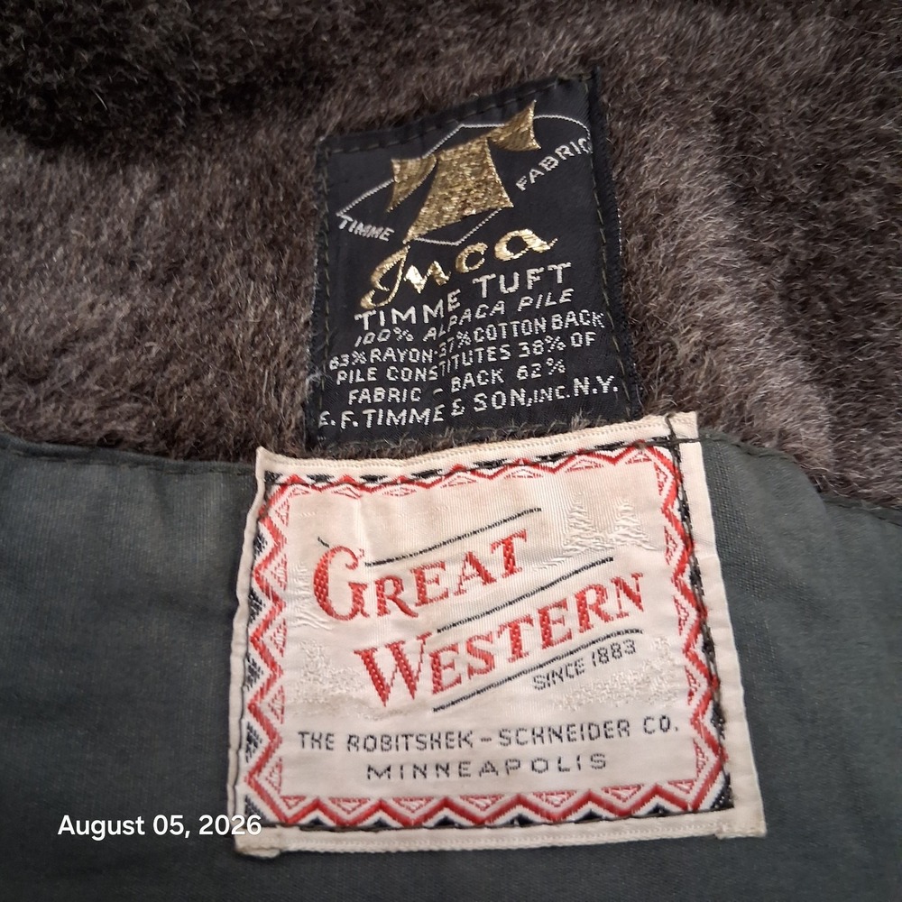 True Vintage 50s Great Western Coat Mens 46 Olive Alpaca Pile Lined Workwear USA - Picture 4 of 12